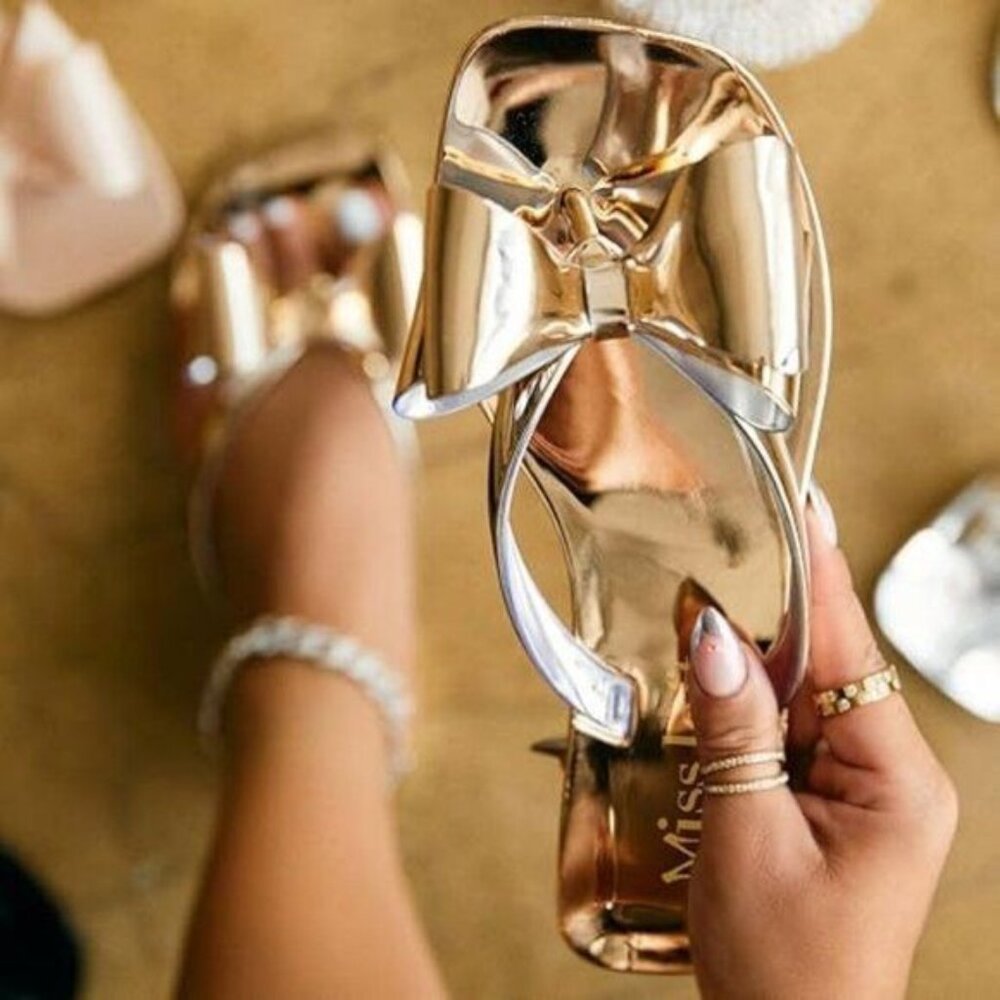 Miss left Gold Women Versatile Open Square Toe Flip Flops Double Bowknots